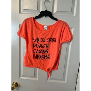 Mare Blue Playa Del Carmen Beach Caribe Paradise Neon Orange Tie Knot Shirt XL